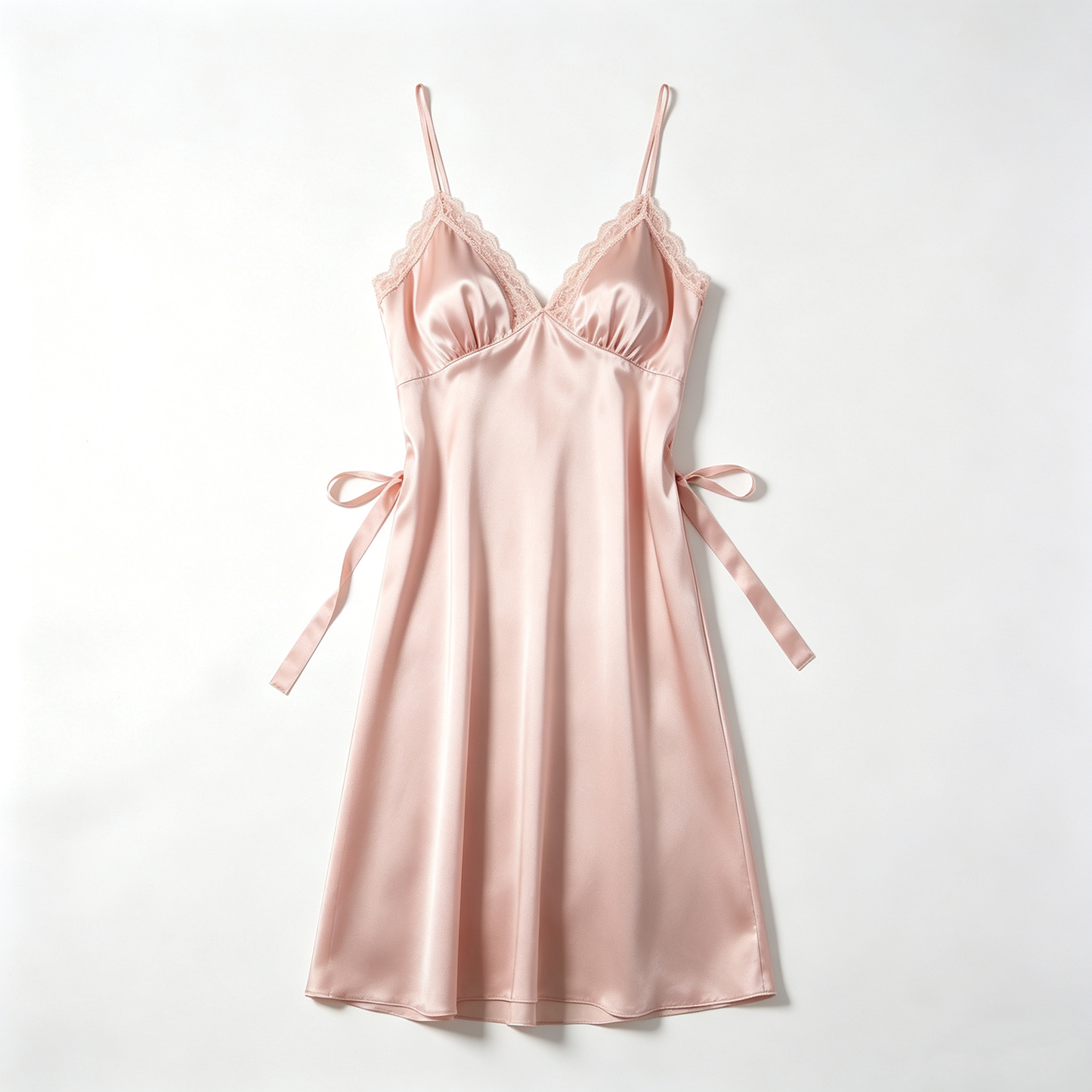 Blush Pink Satin Lace V-Neck Slip Nightgown with Side Ties