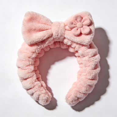 Pink Plush Bow Spa Headband with Flower Decor