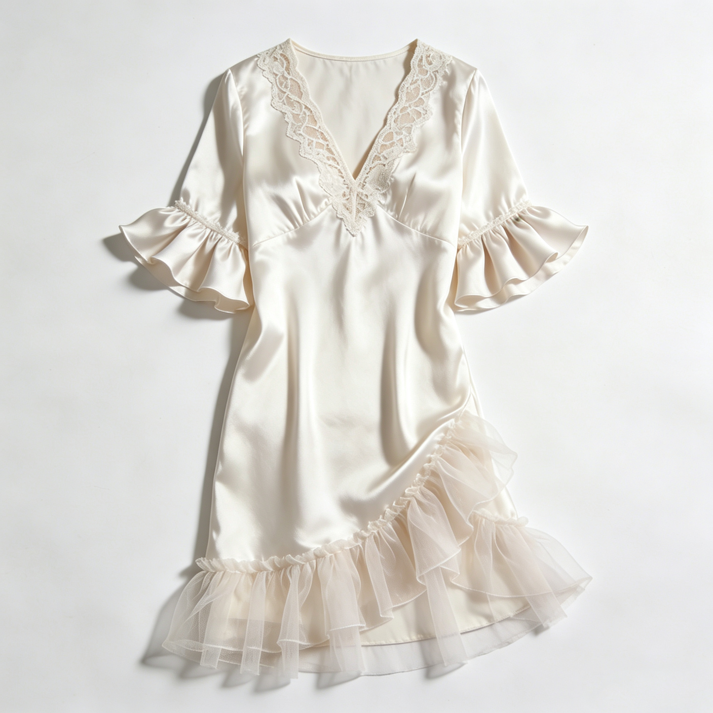 Cream Lace Trim Satin Nightdress with Ruffled Sleeves & Tulle Hem