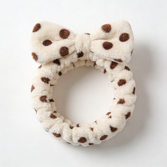 White Polka Dot Plush Bow Spa Headband