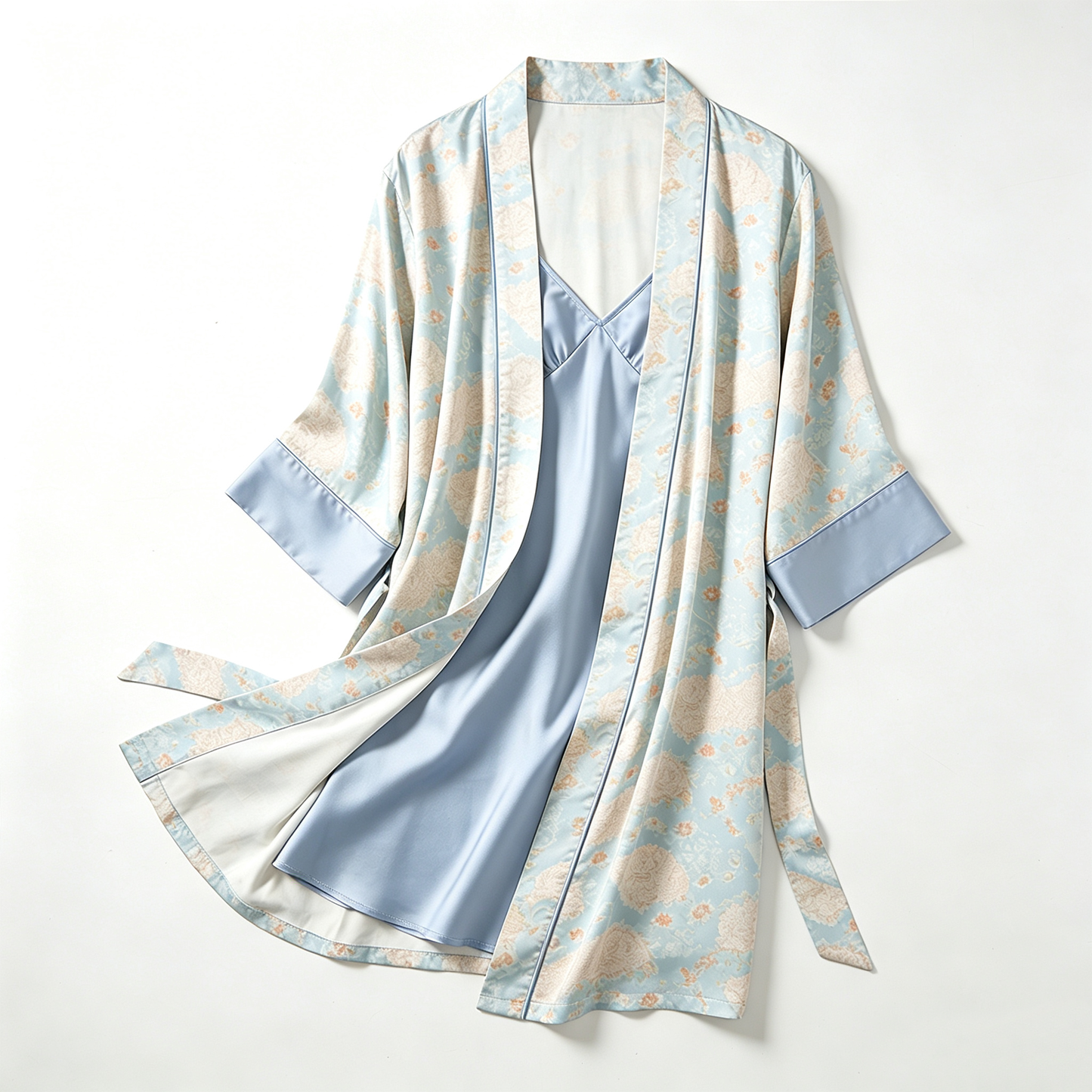 Light Blue Floral Print Satin Robe & Slip Nightdress Set