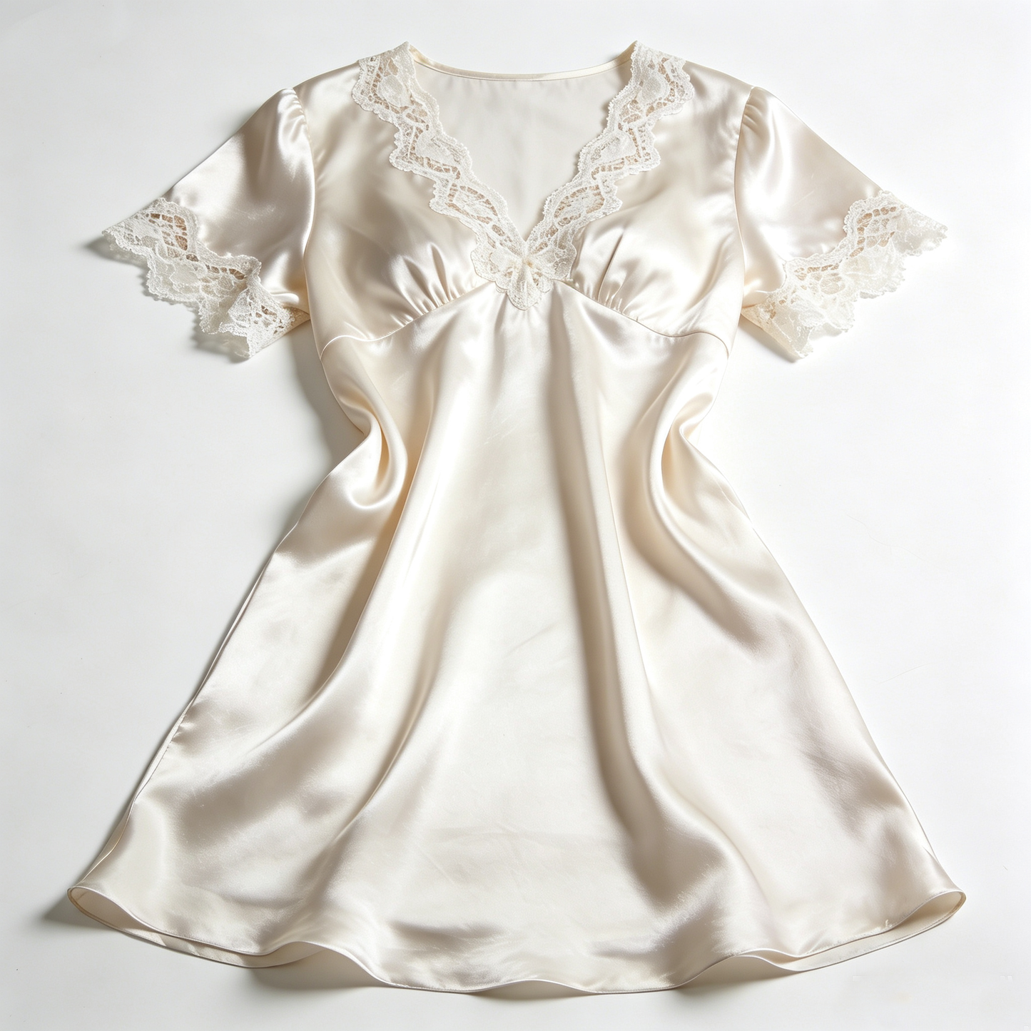 Cream Satin Short Sleeve Nightdress with Lace Trim