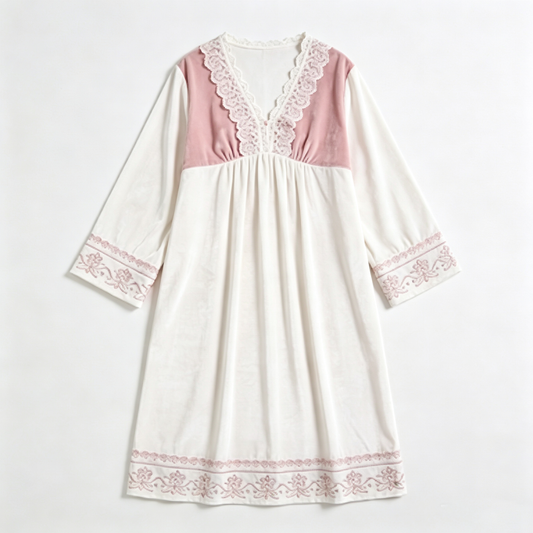 Pink & White Velvet Nightgown with Lace & Embroidery
