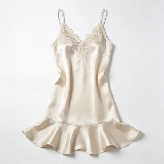 Cream Satin Slip Nightdress with Ruffled Hem