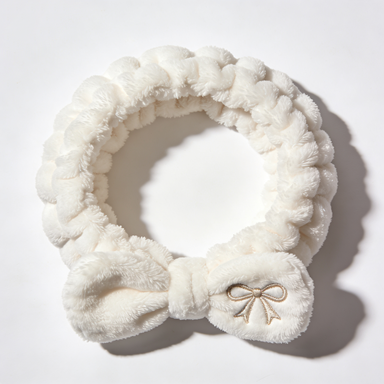 White Plush Bow Spa Headband with Embroidery