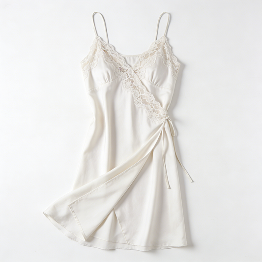 Cream Satin Wrap Slip Nightdress with Lace Trim