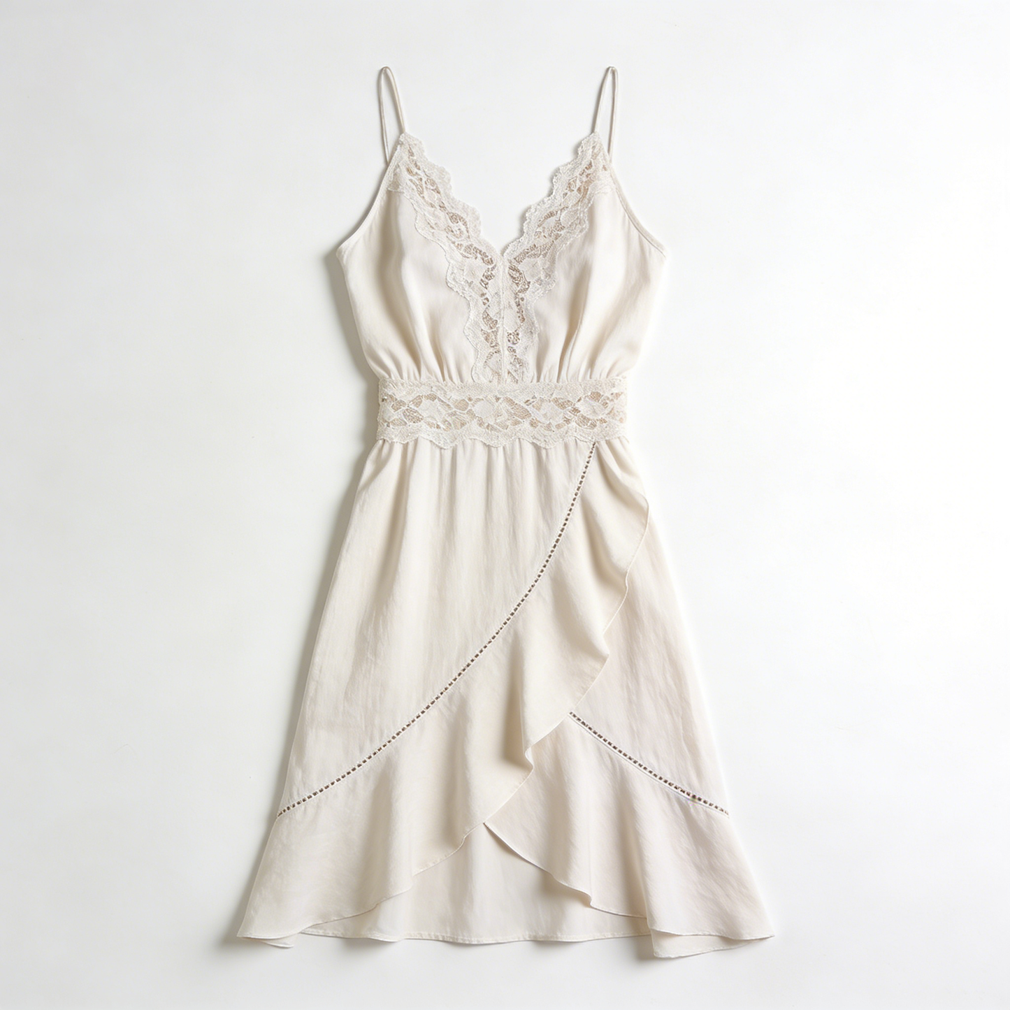 Cream Lace Waist Slip Nightdress with Asymmetrical Ruffle Hem