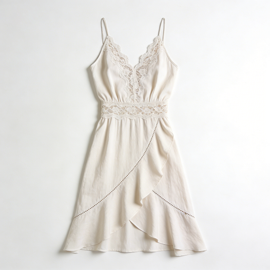Cream Lace Waist Slip Nightdress with Asymmetrical Ruffle Hem