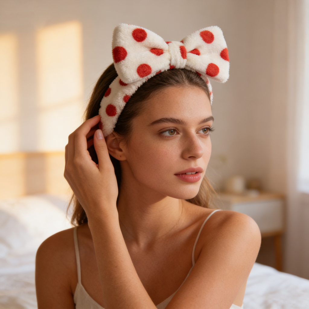 Red & White Polka Dot Plush Bow Spa Headband