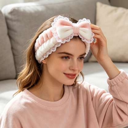 Pink & White Gradient Plush Bow Spa Headband with Lace Trim