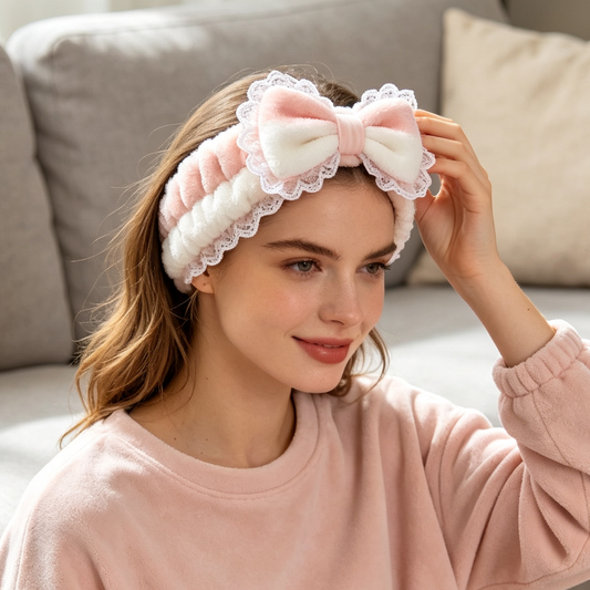Pink & White Gradient Plush Bow Spa Headband with Lace Trim