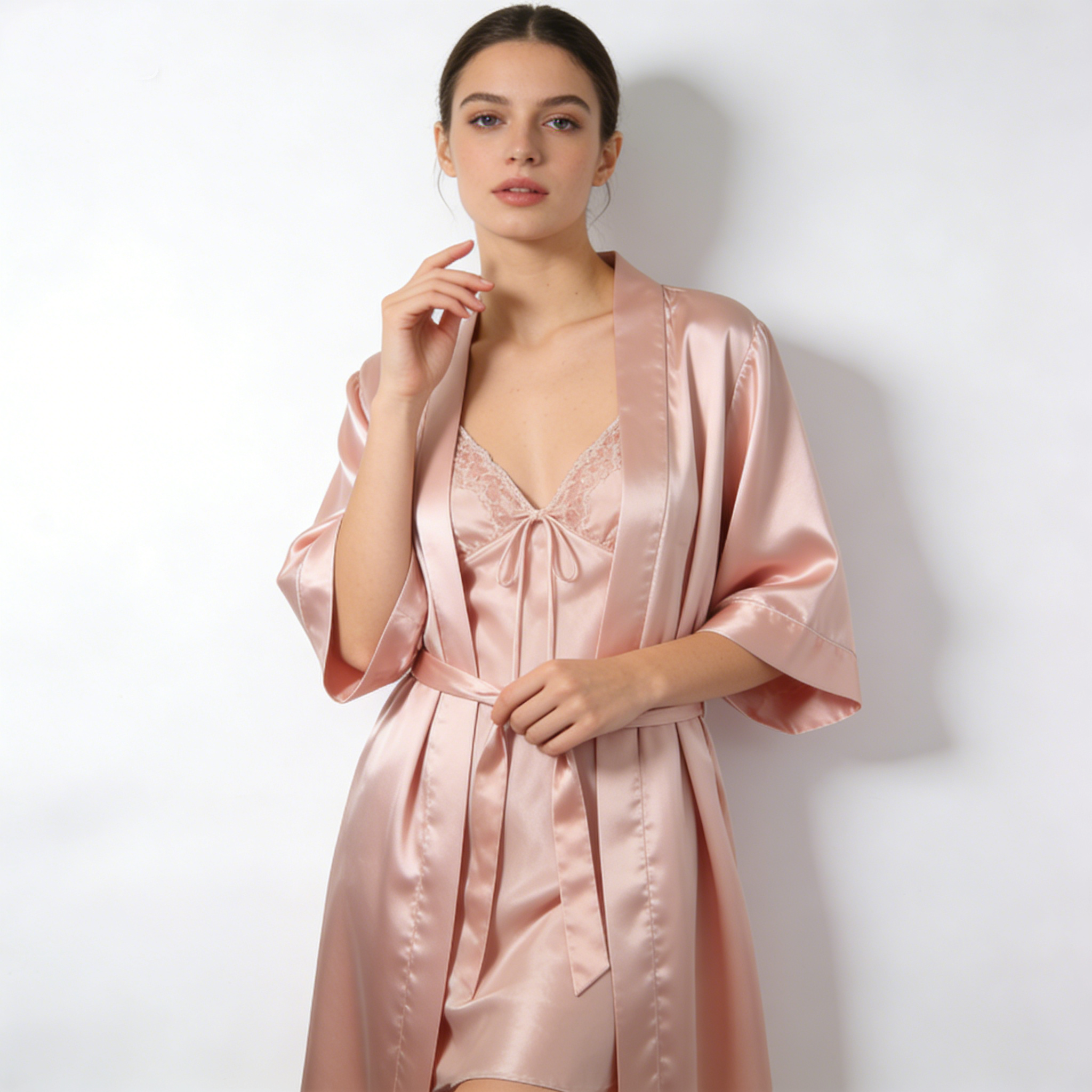 Blush Pink Satin Robe & Slip Nightdress Set
