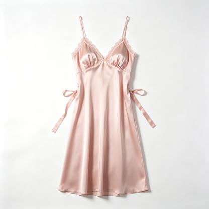 Blush Pink Satin Lace V-Neck Slip Nightgown with Side Ties