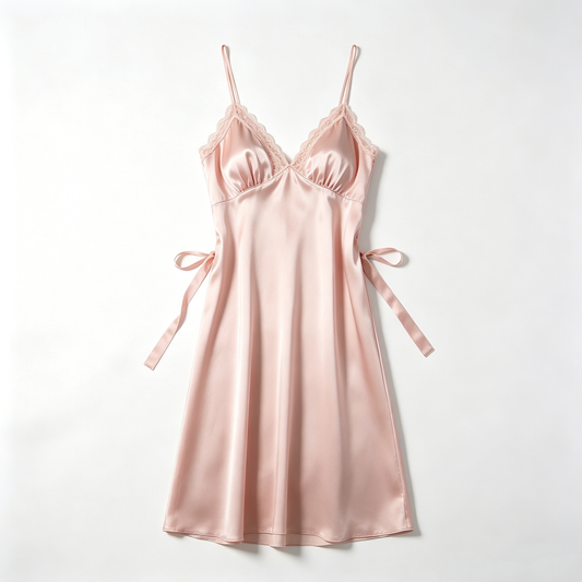 Blush Pink Satin Lace V-Neck Slip Nightgown with Side Ties