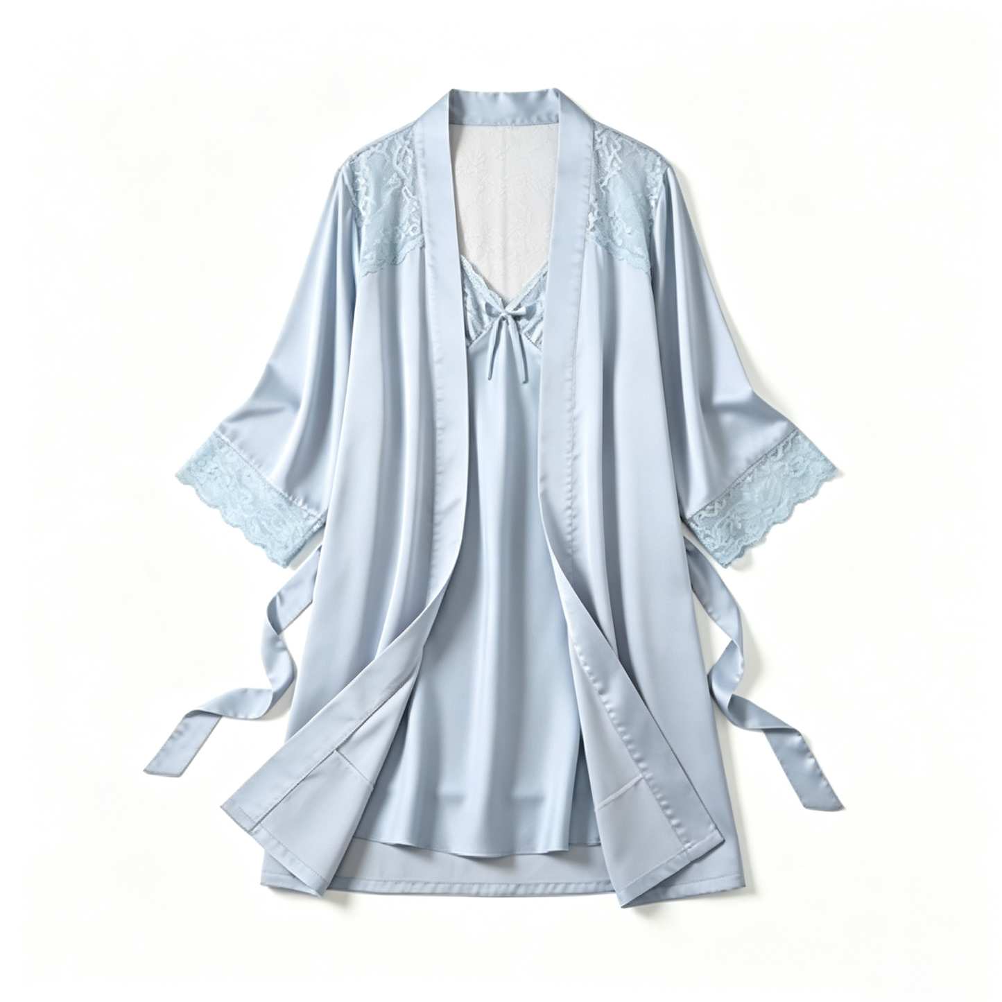 Light Blue Lace Trim Satin Robe & Slip Nightdress Set