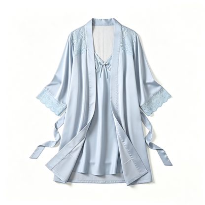 Light Blue Lace Trim Satin Robe & Slip Nightdress Set