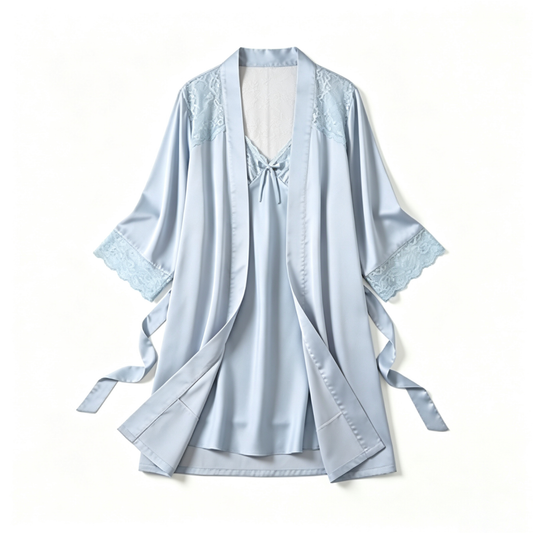 Light Blue Lace Trim Satin Robe & Slip Nightdress Set