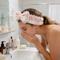 Pink & White Gradient Plush Bow Spa Headband with Lace Trim