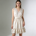 Cream Lace Trim Sleeveless Satin Nightdress with Waist Belt