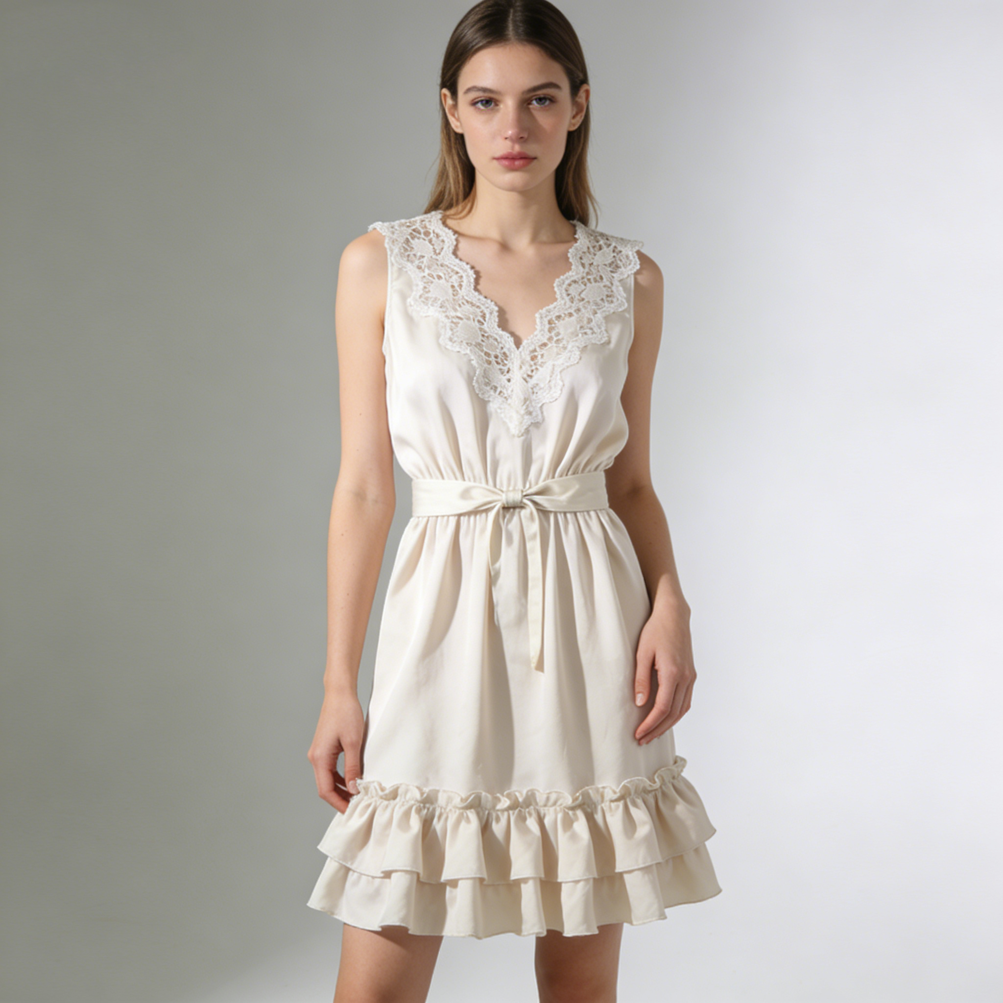 Cream Lace Trim Sleeveless Satin Nightdress with Waist Belt
