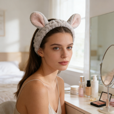 Gray & Pink Bunny Ear Plush Spa Headband