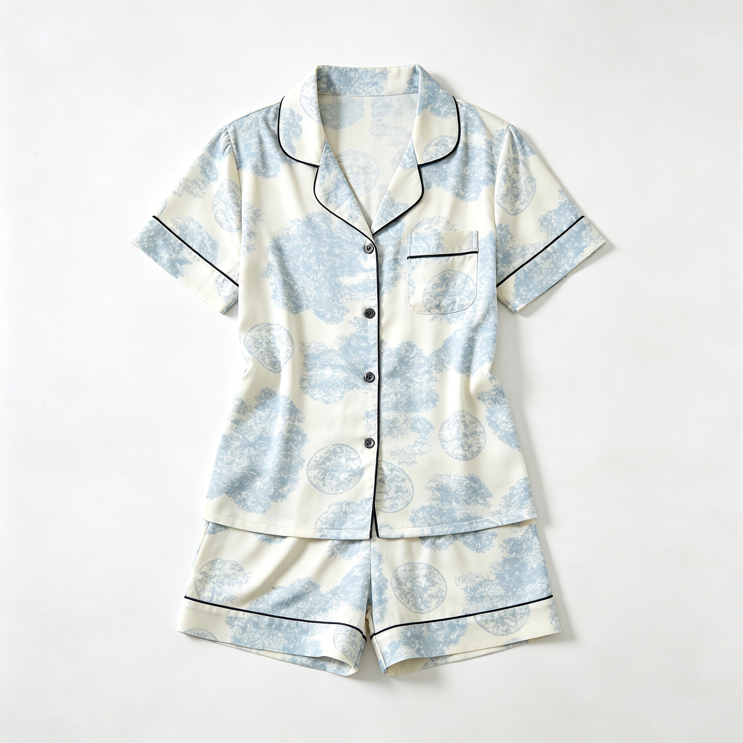 Blue & White Cloud Print Short Sleeve Pajama Set