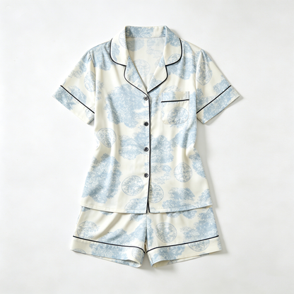 Blue & White Cloud Print Short Sleeve Pajama Set