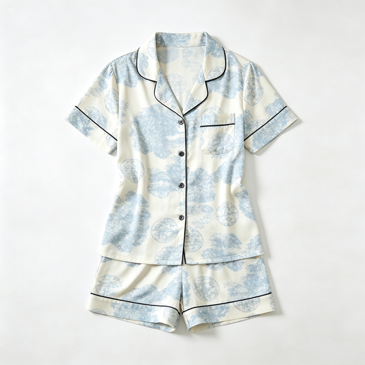 Blue & White Cloud Print Short Sleeve Pajama Set