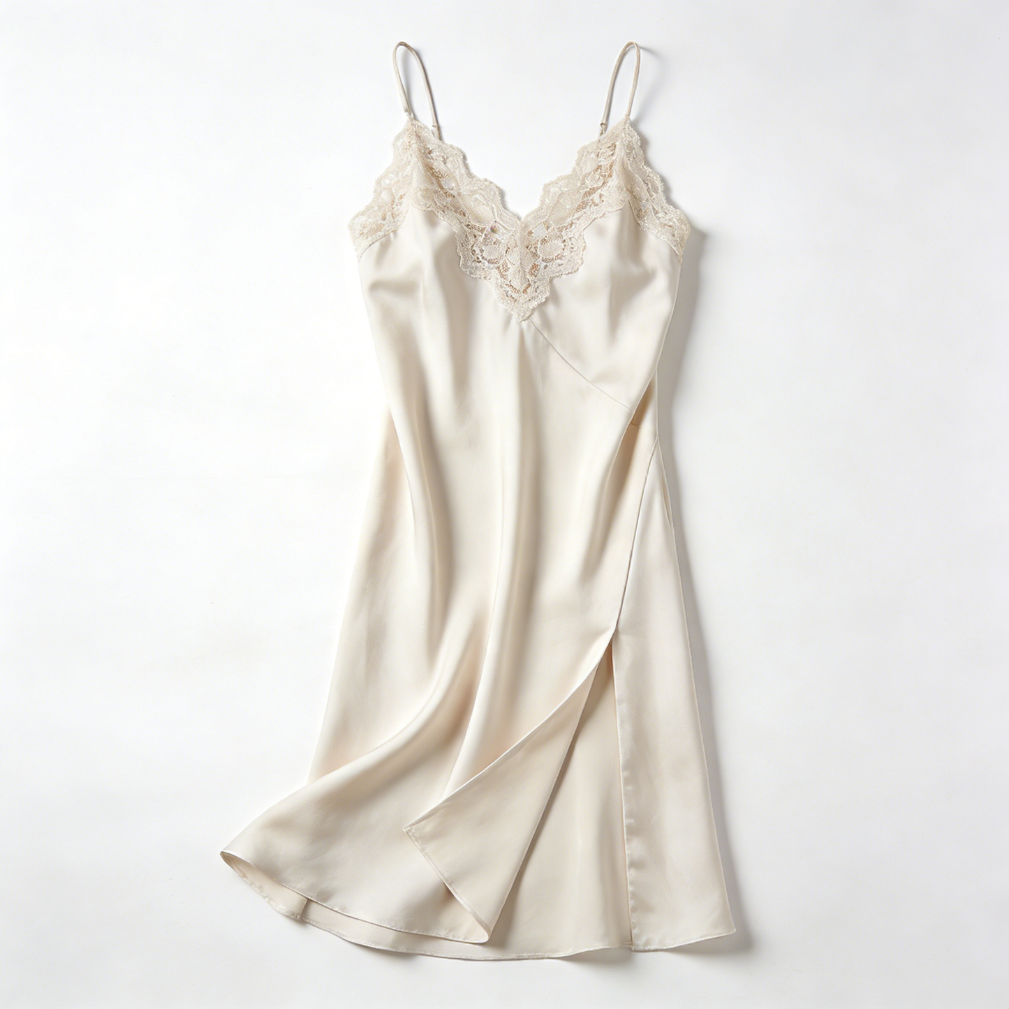 Cream Lace Trim Satin Slip Nightdress with Side Slit