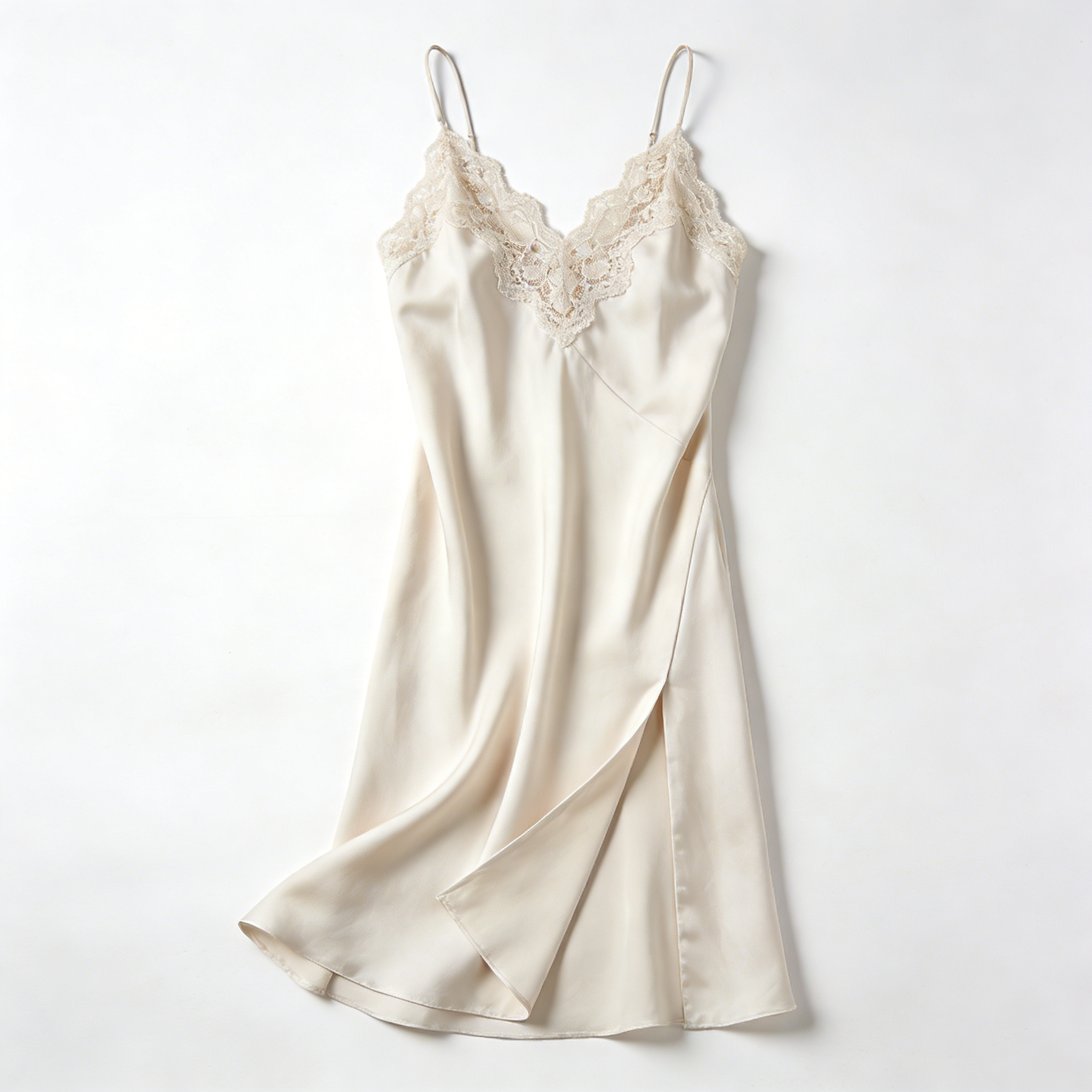 Cream Lace Trim Satin Slip Nightdress with Side Slit