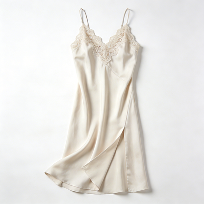 Cream Lace Trim Satin Slip Nightdress with Side Slit