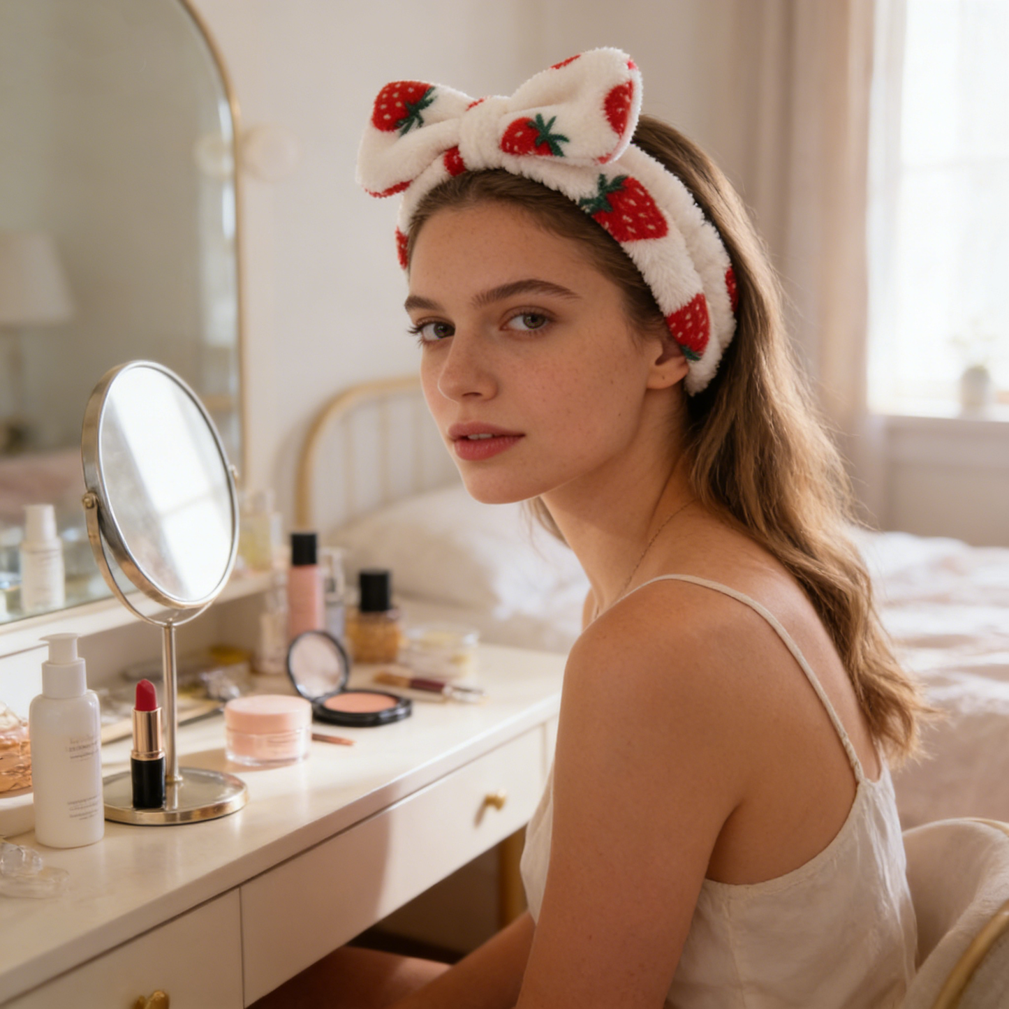 Strawberry Print Plush Bow Spa Headband