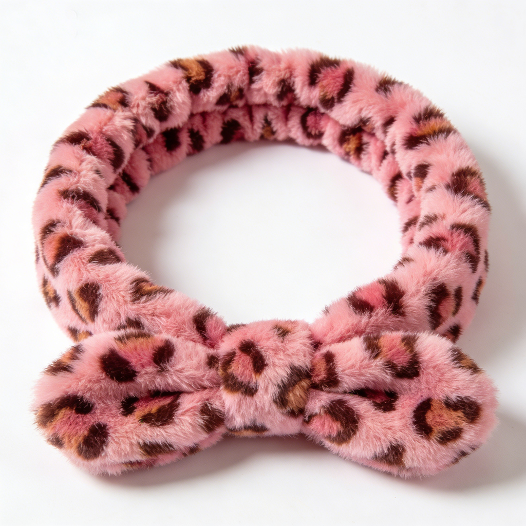 Pink Leopard Print Plush Bow Spa Headband
