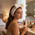 White Plush Bow Spa Headband with Embroidery