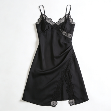 Black Lace Trim Ruched Satin Slip Nightdress