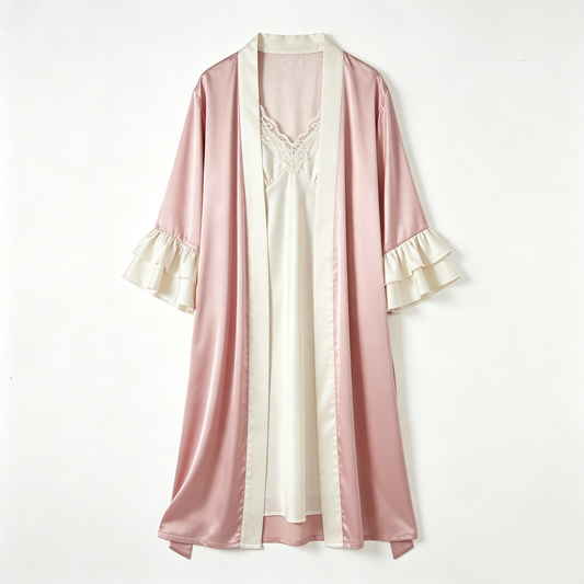 Pink Satin Robe & Cream Lace Slip Nightdress Set