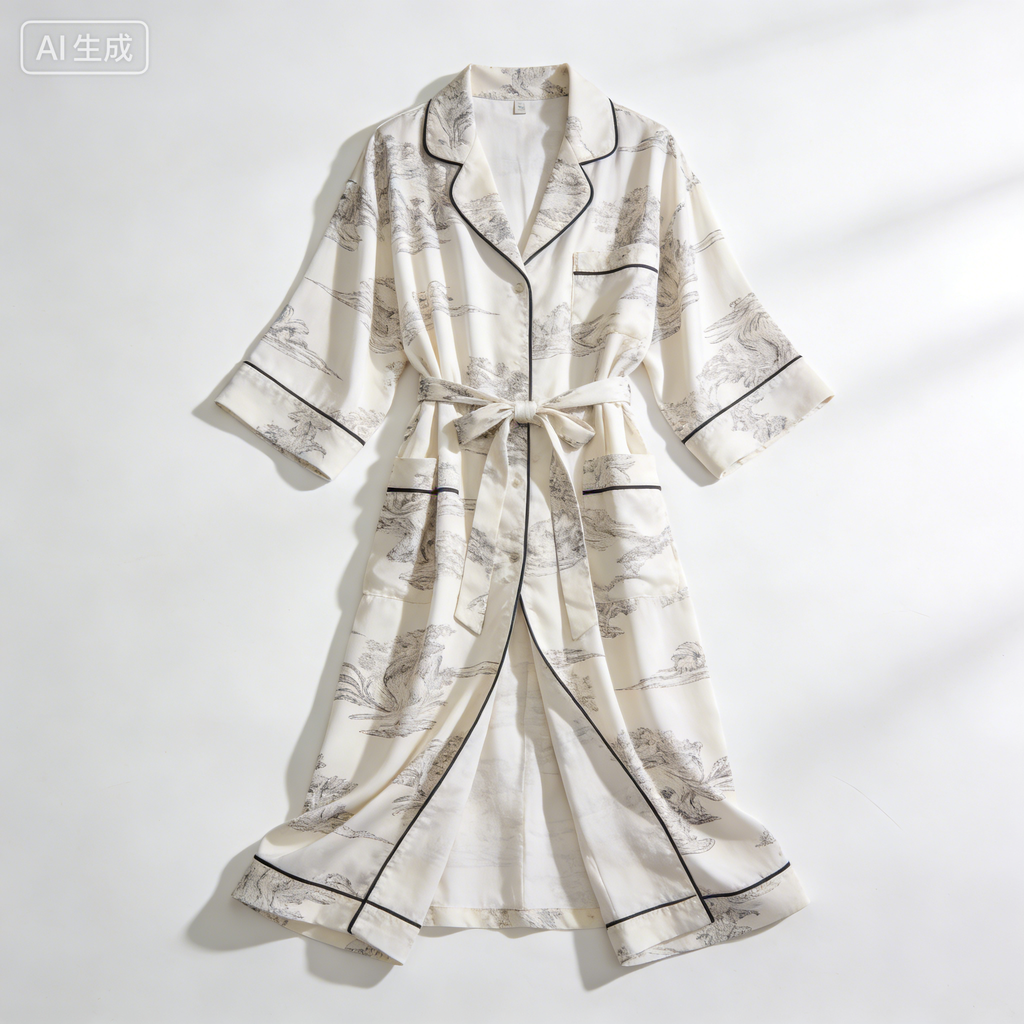 Ink Wash Landscape Print Satin Long Robe