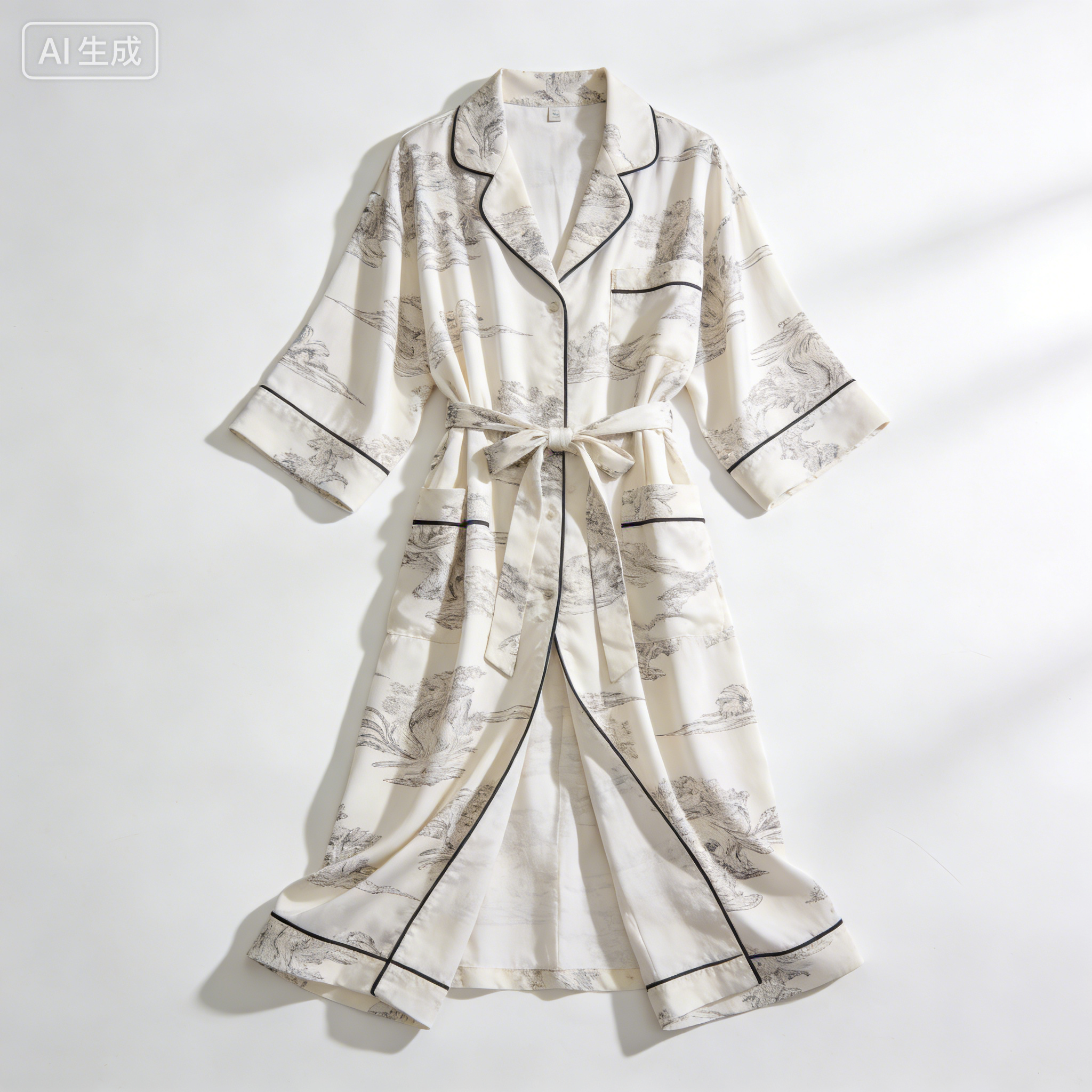Ink Wash Landscape Print Satin Long Robe