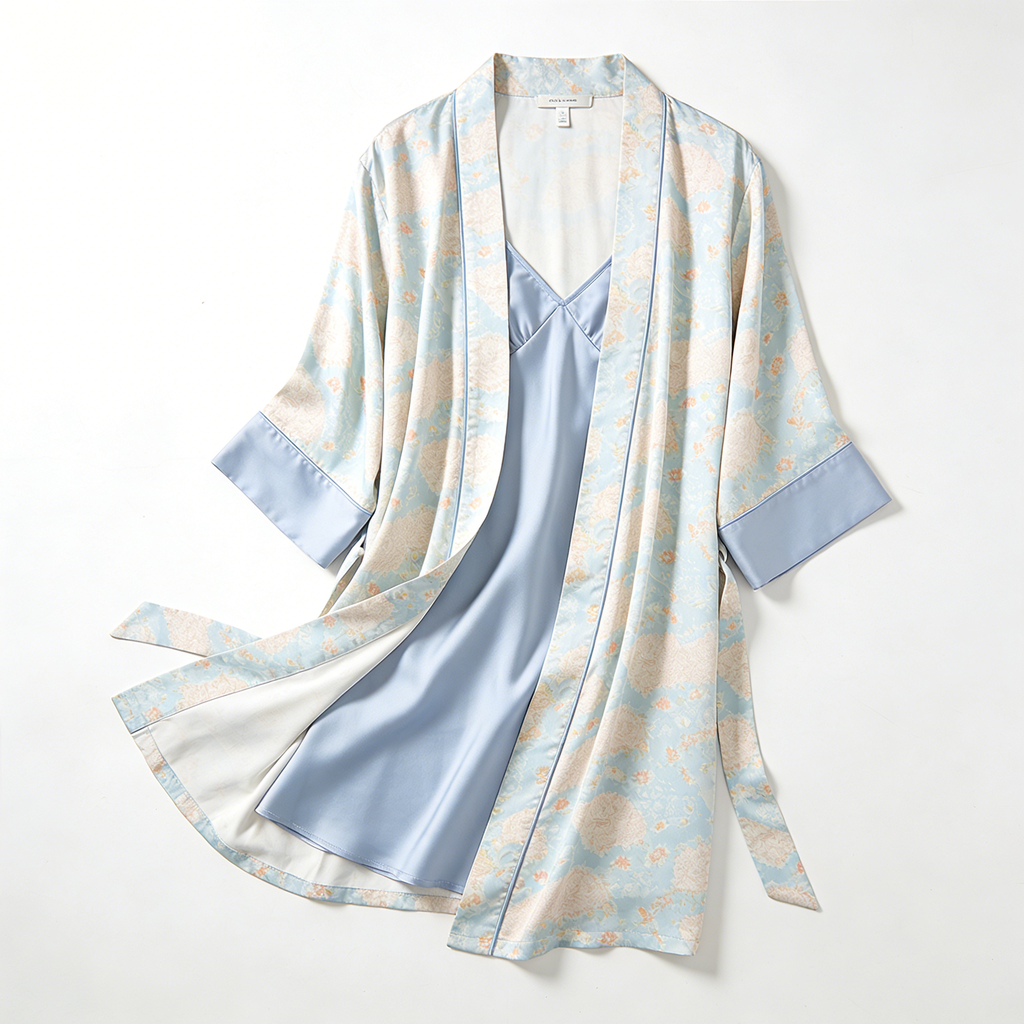Light Blue Floral Print Satin Robe & Slip Nightdress Set