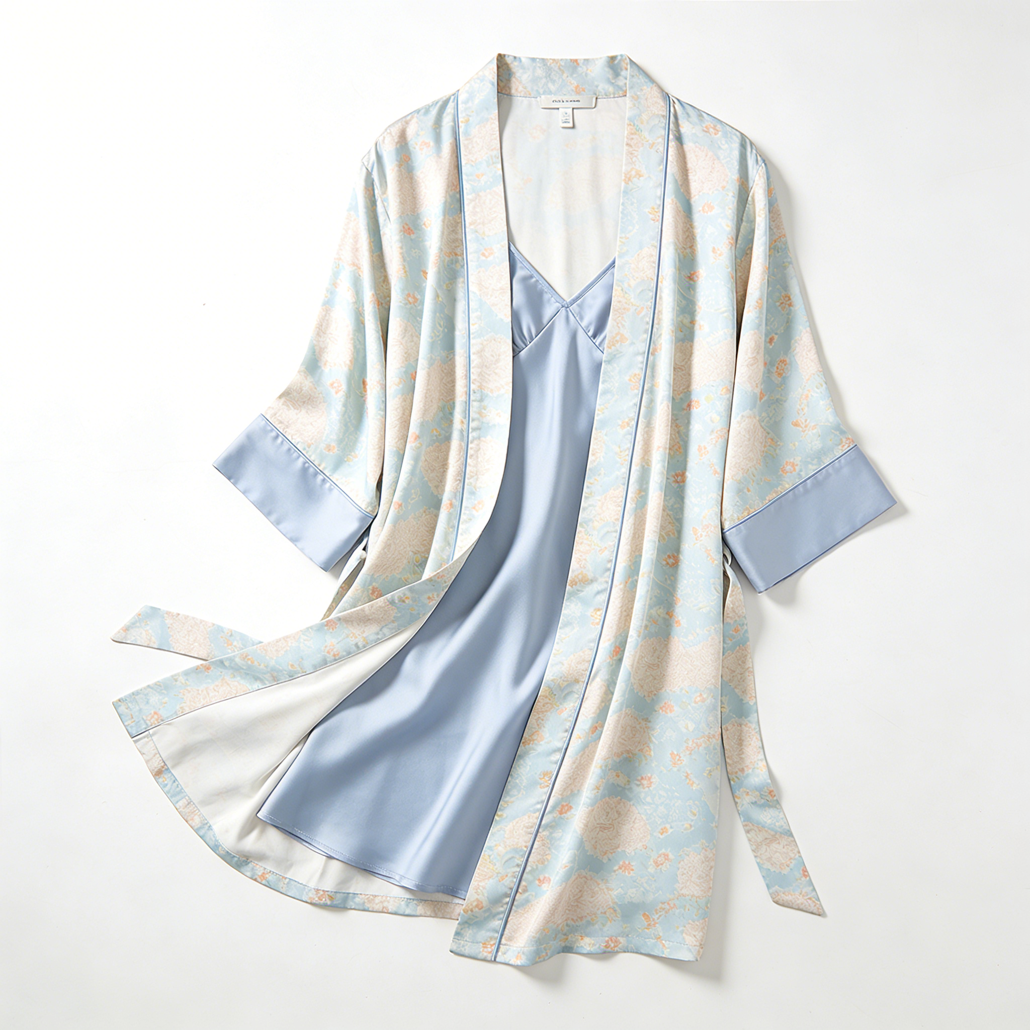 Light Blue Floral Print Satin Robe & Slip Nightdress Set