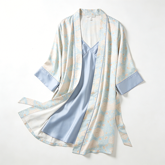 Light Blue Floral Print Satin Robe & Slip Nightdress Set