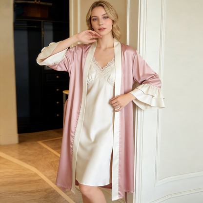 Pink Satin Robe & Cream Lace Slip Nightdress Set