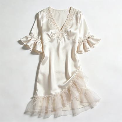 Cream Lace Trim Satin Nightdress with Ruffled Sleeves & Tulle Hem