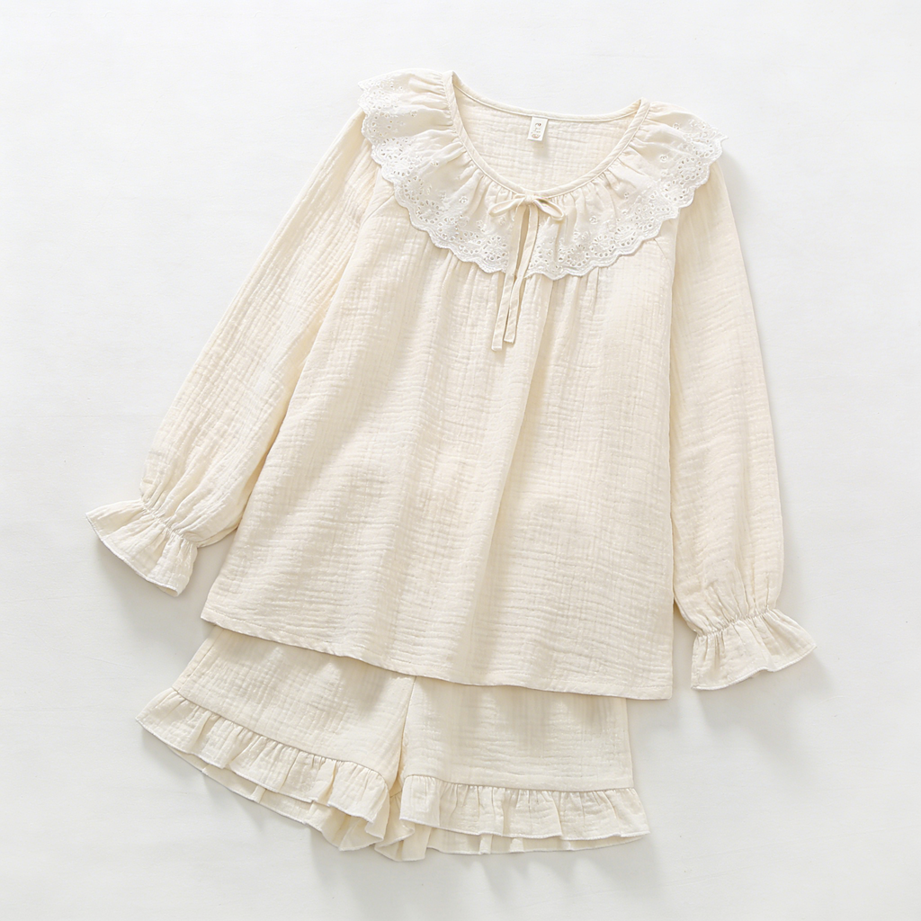 Cream Lace Collar Crinkled Cotton Pajama Set (Top & Shorts)