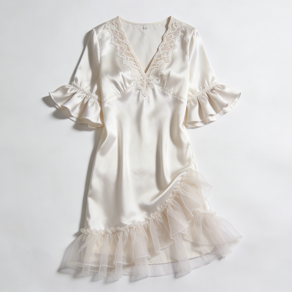 Cream Lace Trim Satin Nightdress with Ruffled Sleeves & Tulle Hem