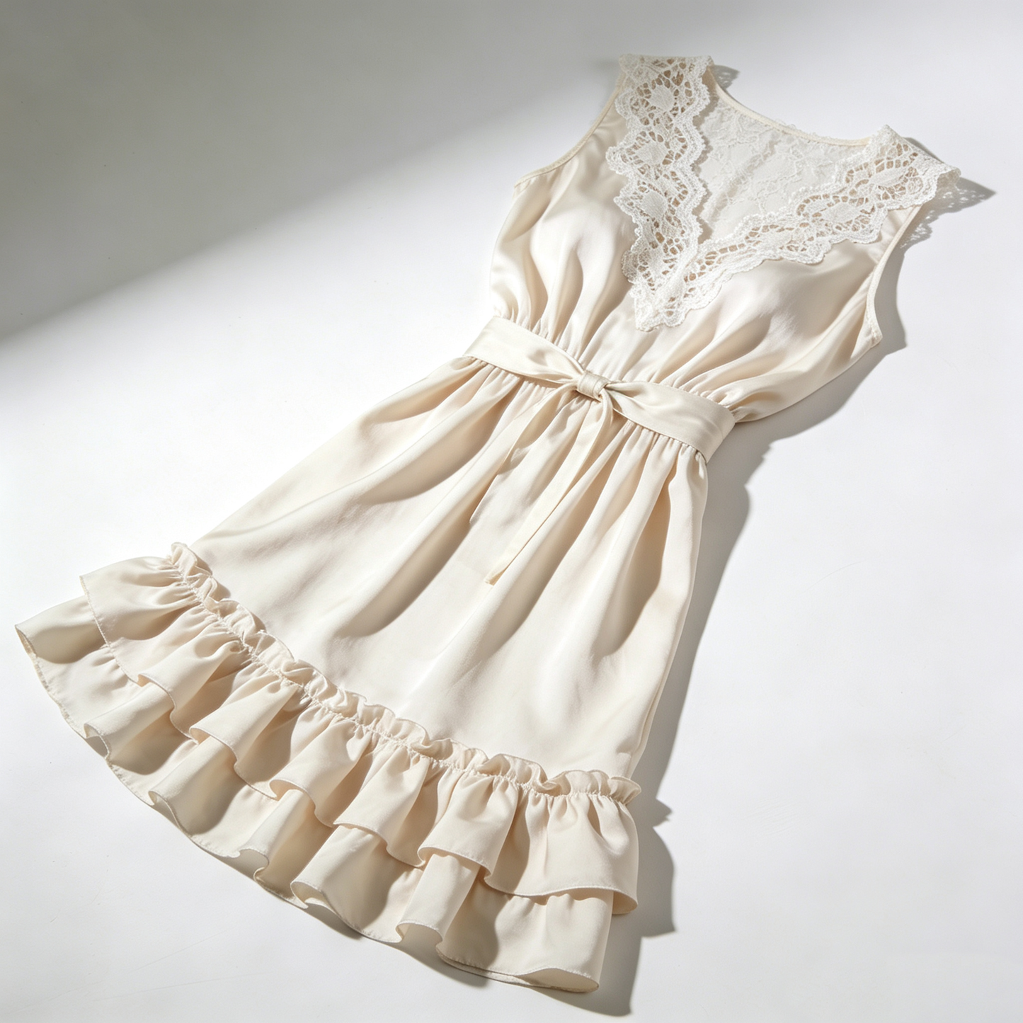 Cream Lace Trim Sleeveless Satin Nightdress with Waist Belt
