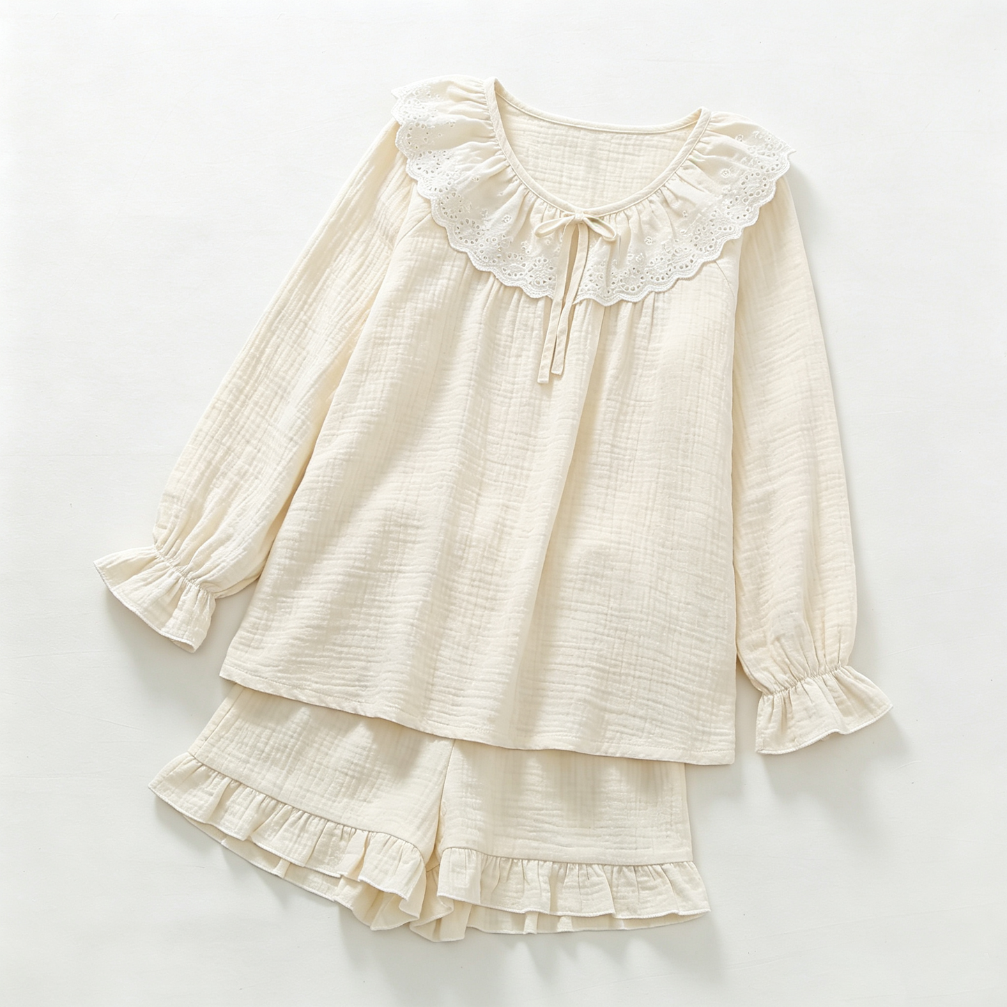 Cream Lace Collar Crinkled Cotton Pajama Set (Top & Shorts)