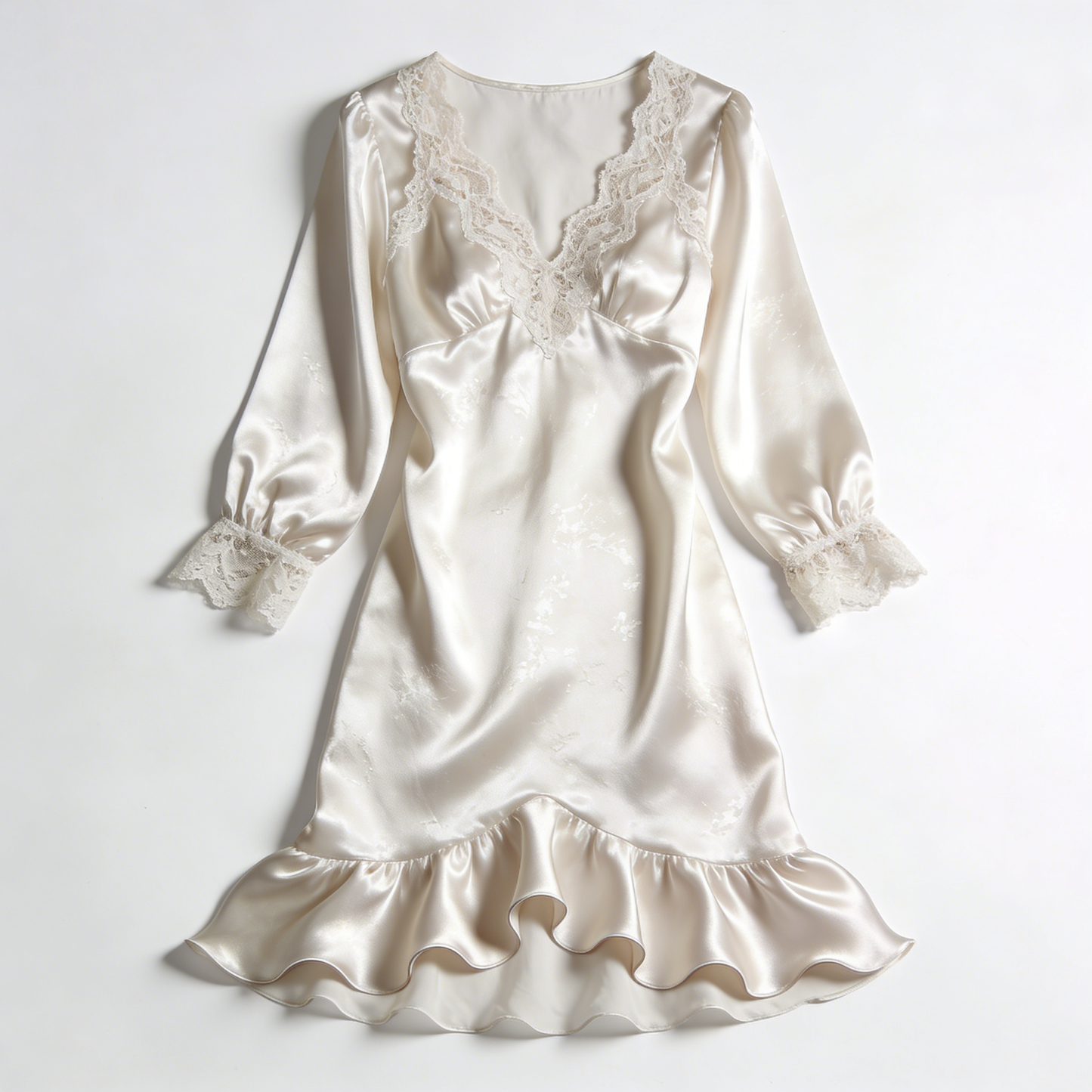 Cream Lace Trim Long Sleeve Satin Mermaid Nightdress