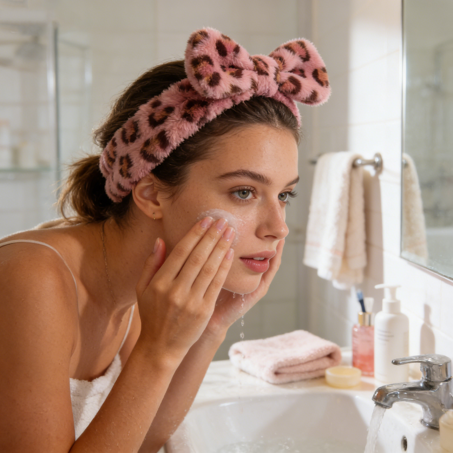 Pink Leopard Print Plush Bow Spa Headband