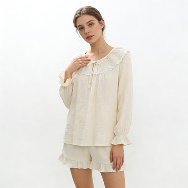 Cream Lace Collar Crinkled Cotton Pajama Set (Top & Shorts)